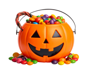 Halloween candy bucket shaped like pumpkin, filled with colorful candies, isolated PNG