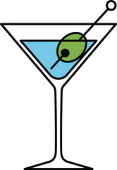 Martini cocktail vector with blue liquid, green olive garnish, cocktail pick and glass design for bar, party, and mixology themes