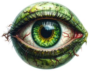 Green monster eyeball with veins, isolated PNG
