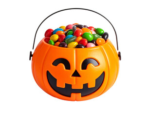 Halloween candy bucket shaped like pumpkin, filled with colorful candies, isolated PNG