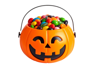 Halloween candy bucket shaped like pumpkin, filled with colorful candies, isolated PNG