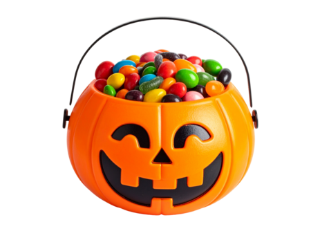 Halloween candy bucket shaped like pumpkin, filled with colorful candies, isolated PNG