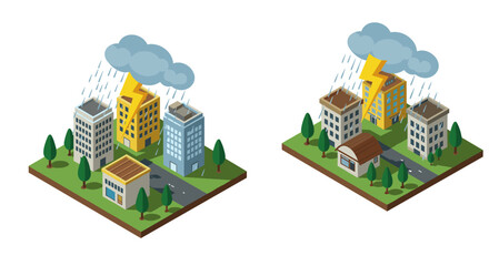 Isometric cityscape with thunderstorm and lightning strikes over urban buildings