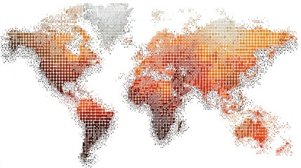 Halftone world map with orange gradient in square dots