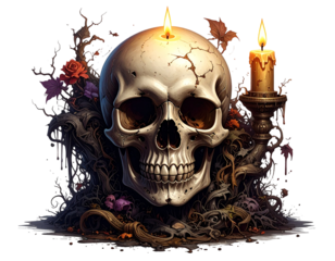 Haunted spooky skull with candle on top, isolated PNG