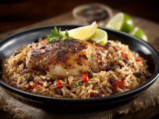 Fototapeta premium Roasted chicken, rice and beans, and fresh lime