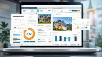 Modern laptop showcasing real estate investment data and market analysis with charts, graphs, and financial reports for property buyers and investors