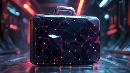 Futuristic digital briefcase design representing technology innovation and modern business solutions in a vibrant, dynamic setting