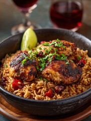 Fototapeta premium Roasted chicken with rice, herbs, and red wine