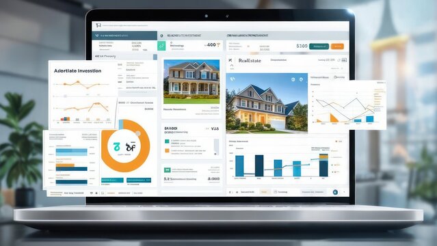 Modern laptop showcasing real estate investment data and market analysis with charts, graphs, and financial reports for property buyers and investors