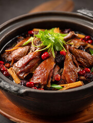 Clay pot braising duck stew with cilantro