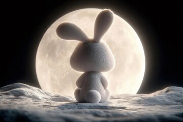 満月を背景にしたふわふわの白いウサギのぬいぐるみ