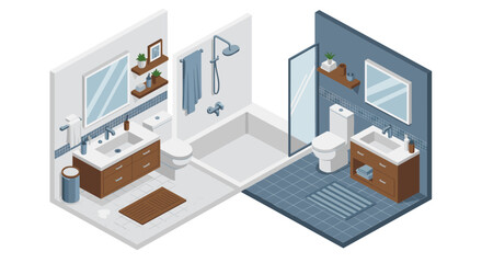 Modern isometric bathroom design with dual color schemes and minimalist decor