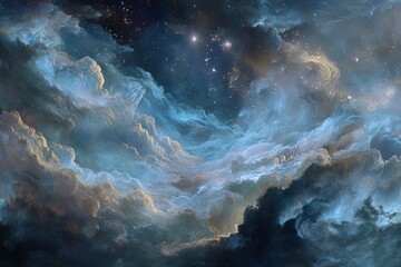 Fototapeta premium Cosmic cloudscapes, swirling nebulae. Vast expanse of ethereal clouds in a starlit night sky