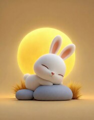 灰色岩の上の眠る白いウサギと黄色の満月