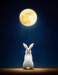 ウサギが満月を見上げる紺碧の星空の背景