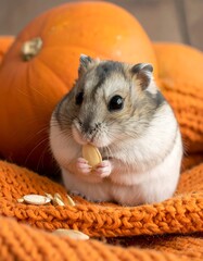 Cute hamster eating pumpkin seed on orange sweater with pumpkin