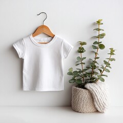 White infant t-shirt on wooden hanger, with plants and knitted hat