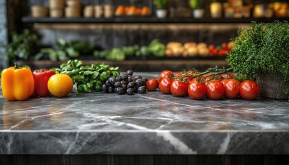 Fruits and vegetables are on marble table with blurred background. It represents healthy food, vegetarianism, and making cooking related designs.