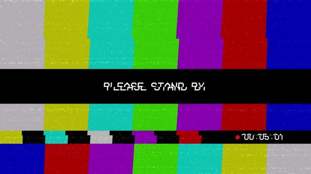 Retro Television Test Pattern with 'Please Stand By' Message Broadcast Interruption, no signal, no transmission, silence. TV static classic pattern. 4k animation video