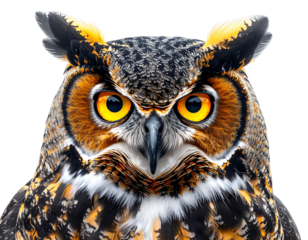 Owl with glowing yellow eyes, isolated PNG