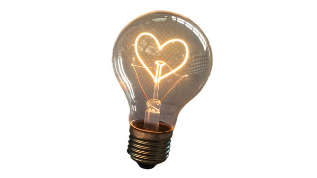 Glowing incandescent light bulb with filament shaped like a heart on full hd 4k stock image download black background