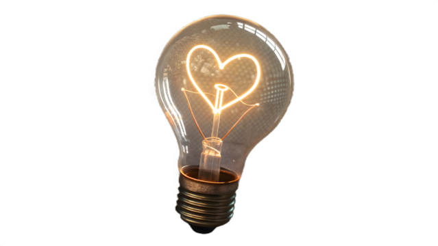 Glowing incandescent light bulb with filament shaped like a heart on full hd 4k stock image download black background