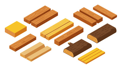 Isometric wooden plank set: diverse timber and lumber pieces for construction design