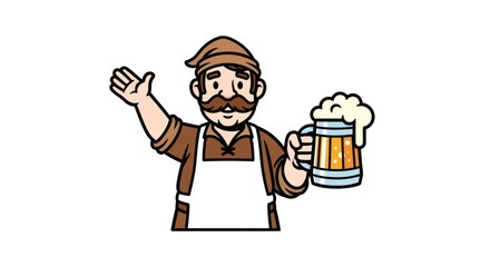 Cheerful Cartoon Man with Mustache and Hat Holding Frothy Beer Mug.