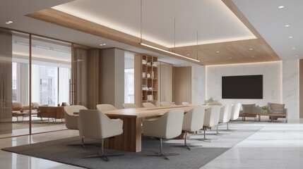 Fototapeta premium Modern Conference Room with Long Table, Neutral Tones, and Natural Light.