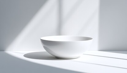 Empty white bowl on white surface, sunlit shadows