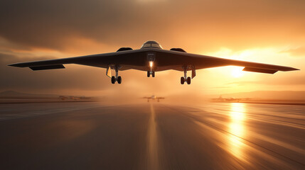 B-2 Spirit stealth bomber on final approach to runway, landing gear extended, dramatic low angle shot, military airfield, sunset lighting