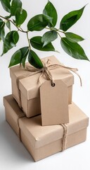 Two stacked kraft paper gift boxes, tied with twine, and a blank tag, with fresh green leaves