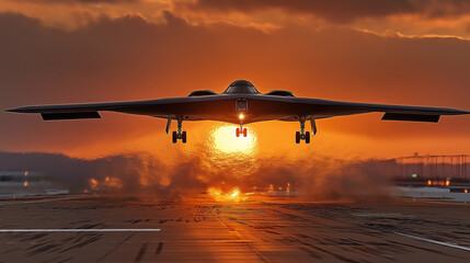 B-2 Spirit stealth bomber on final approach to runway, landing gear extended, dramatic low angle shot, military airfield, sunset lighting