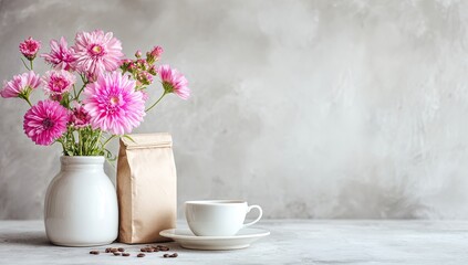 Pink flowers, coffee, and beige packaging