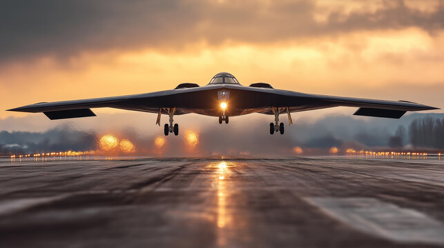 B-2 Spirit stealth bomber on final approach to runway, landing gear extended, dramatic low angle shot, military airfield, sunset lighting