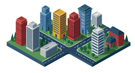 Obraz premium Isometric urban cityscape with colorful skyscrapers and streets