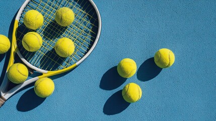 Yellow Tennis Balls and Racket on Bright Blue Court Surface