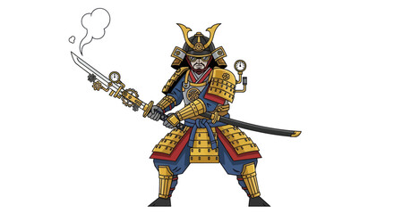 Steampunk Samurai Warrior with Intricate Armor and Mechanical Katana.
