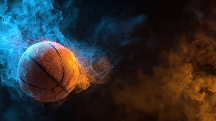 Dynamic Basketball with Colorful Smoke Effect on Dark Background