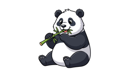 A cute cartoon giant panda bear sitting down and happily eating a green bamboo stalk. © Rizal