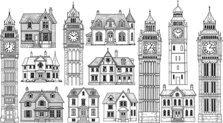 Fototapeta premium Hand-drawn architectural buildings and clock towers, detailed black and white sketch, diverse roof styles, ornate facades, vector illustration