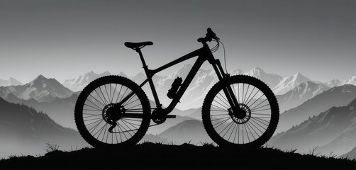 Obraz premium Shadow Ride A silhouette illustration of a mountain bike positioned against a stark and dramatic mountainous landscape backdrop.