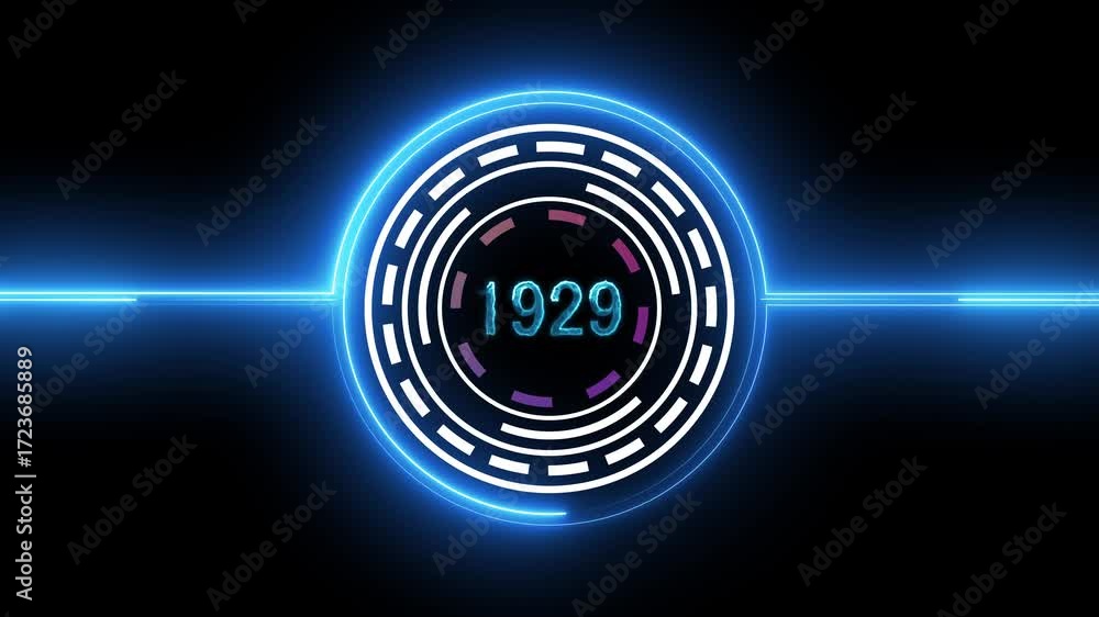 Wall mural abstract year count video animation of 1929, futuristic hud interface element with glowing blue neon