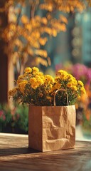 A paper bag filled with bright yellow chrysanthemums sits on a wooden table, outdoors, with a blurred autumnal background