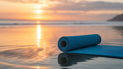 Blue yoga mat rolled on wet beach at sunset with reflection in water