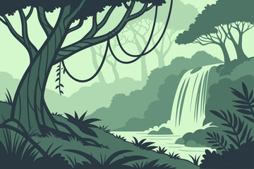 Fototapeta premium Immerse Yourself in a Lush Jungle Paradise with Cascading Waterfall and Towering Trees, Perfect for Nature Enthusiasts and Adventure Seekers Alike