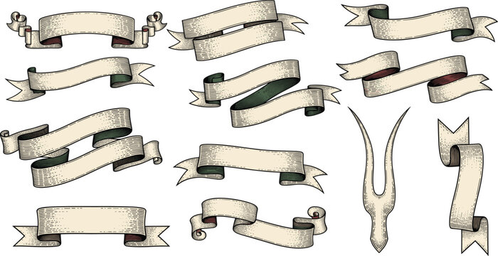 Vintage ribbon banner vector set with hand-drawn folds, beige tones, classic shapes for posters, invitations, labels, and design themes