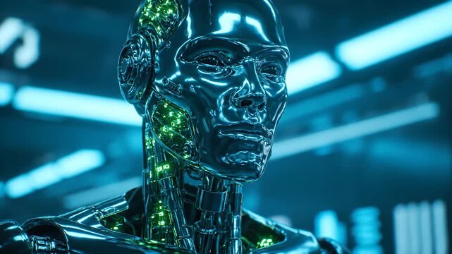 Futuristic chrome humanoid robot with glowing green circuits in a sleek, modern environment - Powered by Adobe