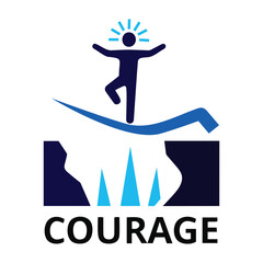 Vector illustration of a person balancing over a chasm with the word courage below it